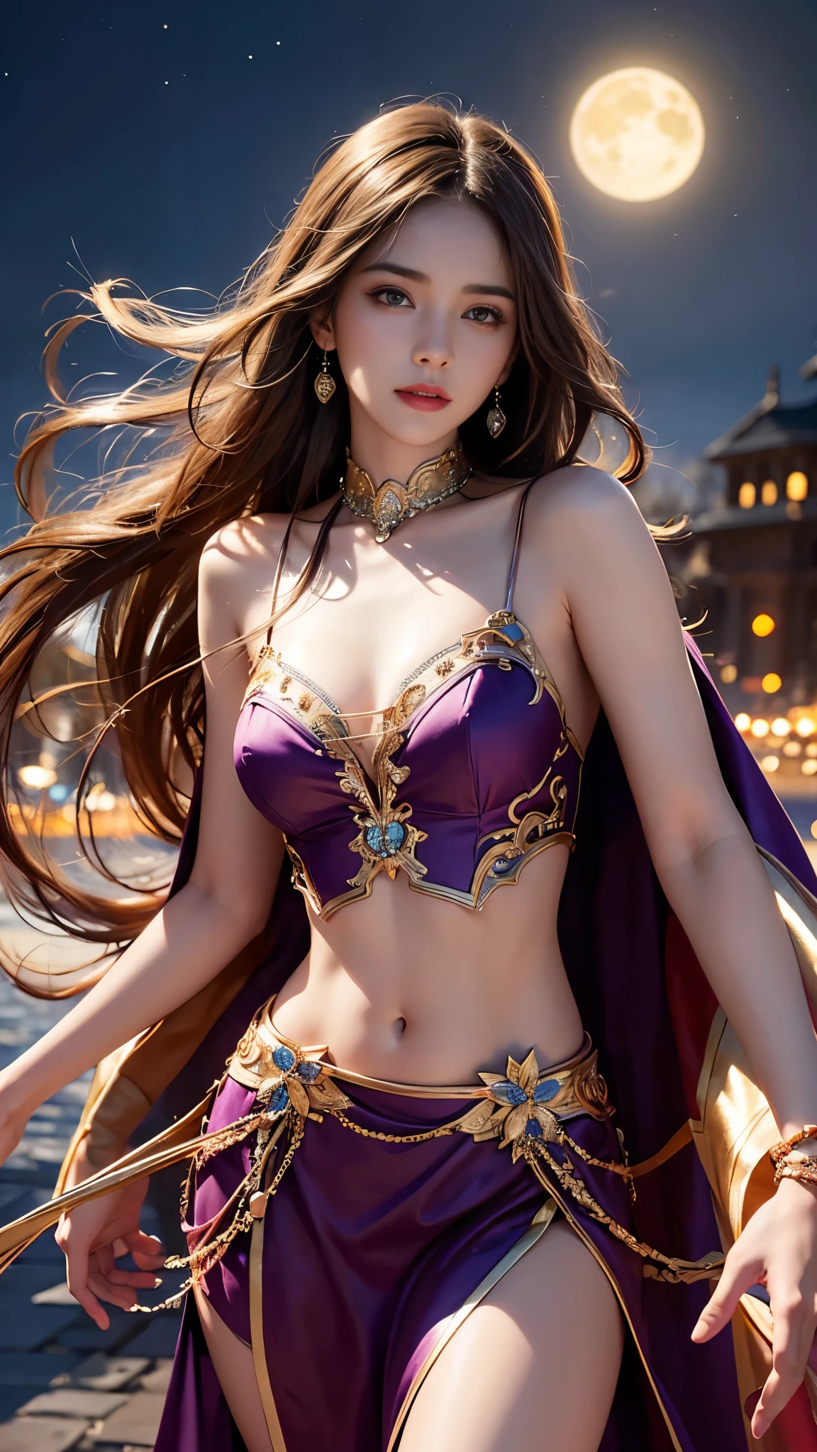 8K ultra hd, masterpiece,1 girl, ((realistic face)), detailed eyes, ((very long hair)), flowing hair, small breasts, royal dress, decorated dress, purple dress, anitque jwellery, detailed lacing, flowing cape, bare navel, moon light, amazing night outdoor, spot lights, glowing lights, depth of field, ray tracing, bloom, realistic shadow, tyndal effect, spreding, lights, looking at the audience, attractive pose,