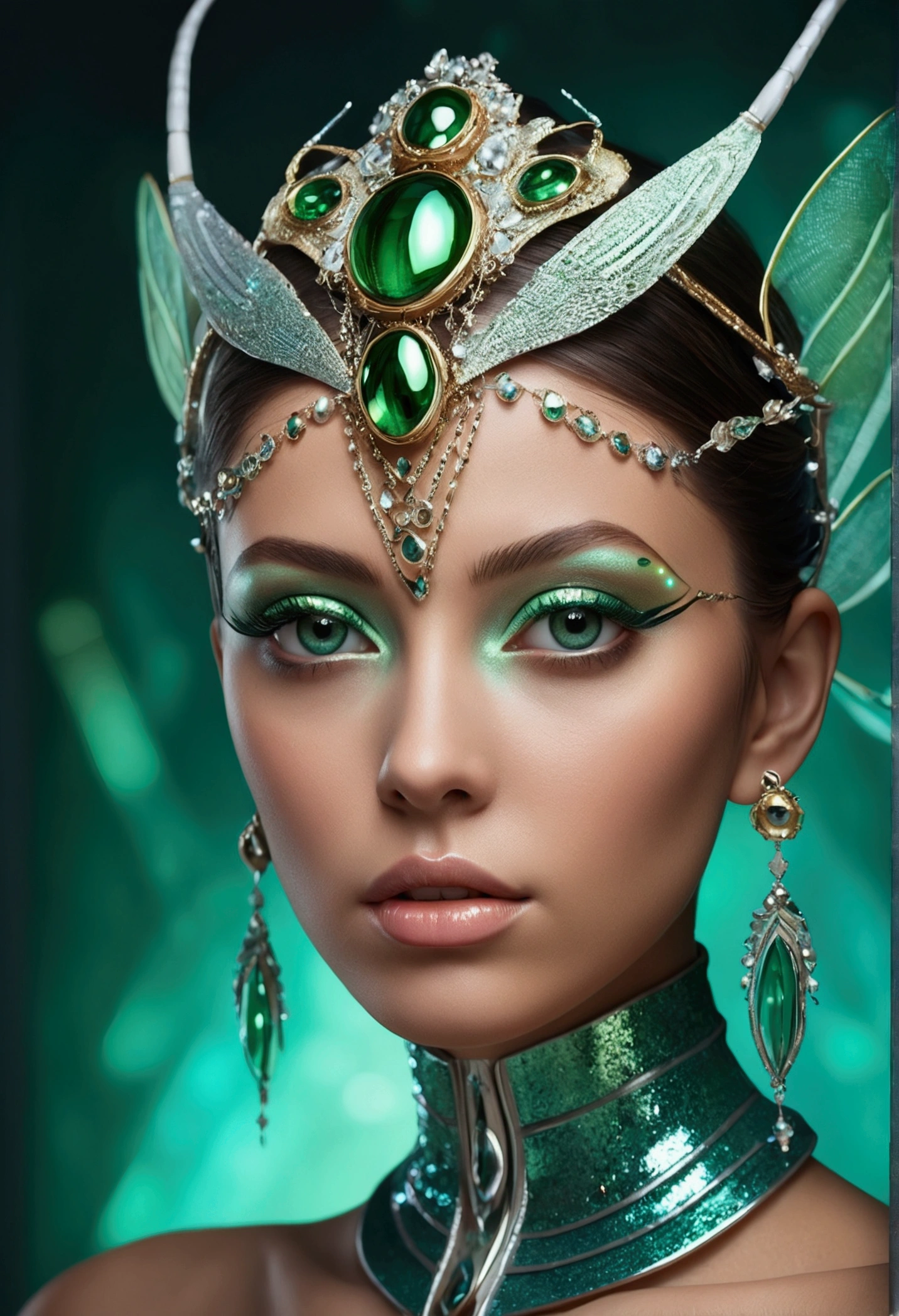 (best quality,4k,8k,highres,masterpiece:1.2),ultra-detailed,(photorealistic,photo-realistic:1.37),A beautiful female with compound eyes that look like the eyes of a praying mantis,futuristic,hi-tech,natural-looking skin,emerald-green compound eyes,exquisite,detailed face features,piercing eyes,long eyelashes and sharp angles,sculptural facial structure,innovative fashion style,metallic,shimmering make-up,glowing eyeliner,ornate futuristic jewelry,elaborate headpiece,feathers and metallic elements,ethereal background with floating holographic particles,controlled lighting with soft highlights,bluish-green color scheme,otherworldly atmosphere.