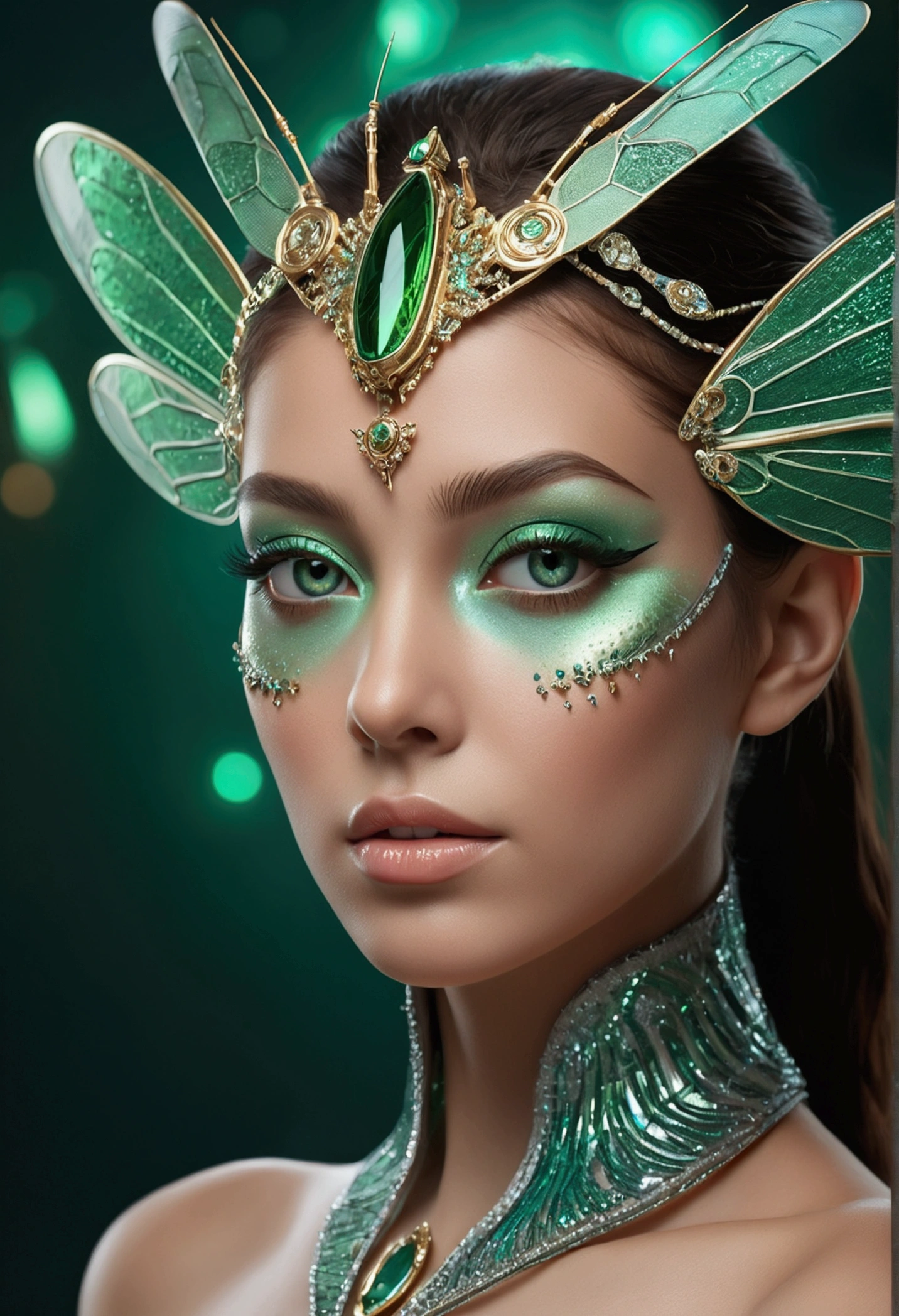 (best quality,4k,8k,highres,masterpiece:1.2),ultra-detailed,(photorealistic,photo-realistic:1.37),A beautiful female with compound eyes that look like the eyes of a praying mantis,futuristic,hi-tech,natural-looking skin,emerald-green compound eyes,exquisite,detailed face features,piercing eyes,long eyelashes and sharp angles,sculptural facial structure,innovative fashion style,metallic,shimmering make-up,glowing eyeliner,ornate futuristic jewelry,elaborate headpiece,feathers and metallic elements,ethereal background with floating holographic particles,controlled lighting with soft highlights,bluish-green color scheme,otherworldly atmosphere.