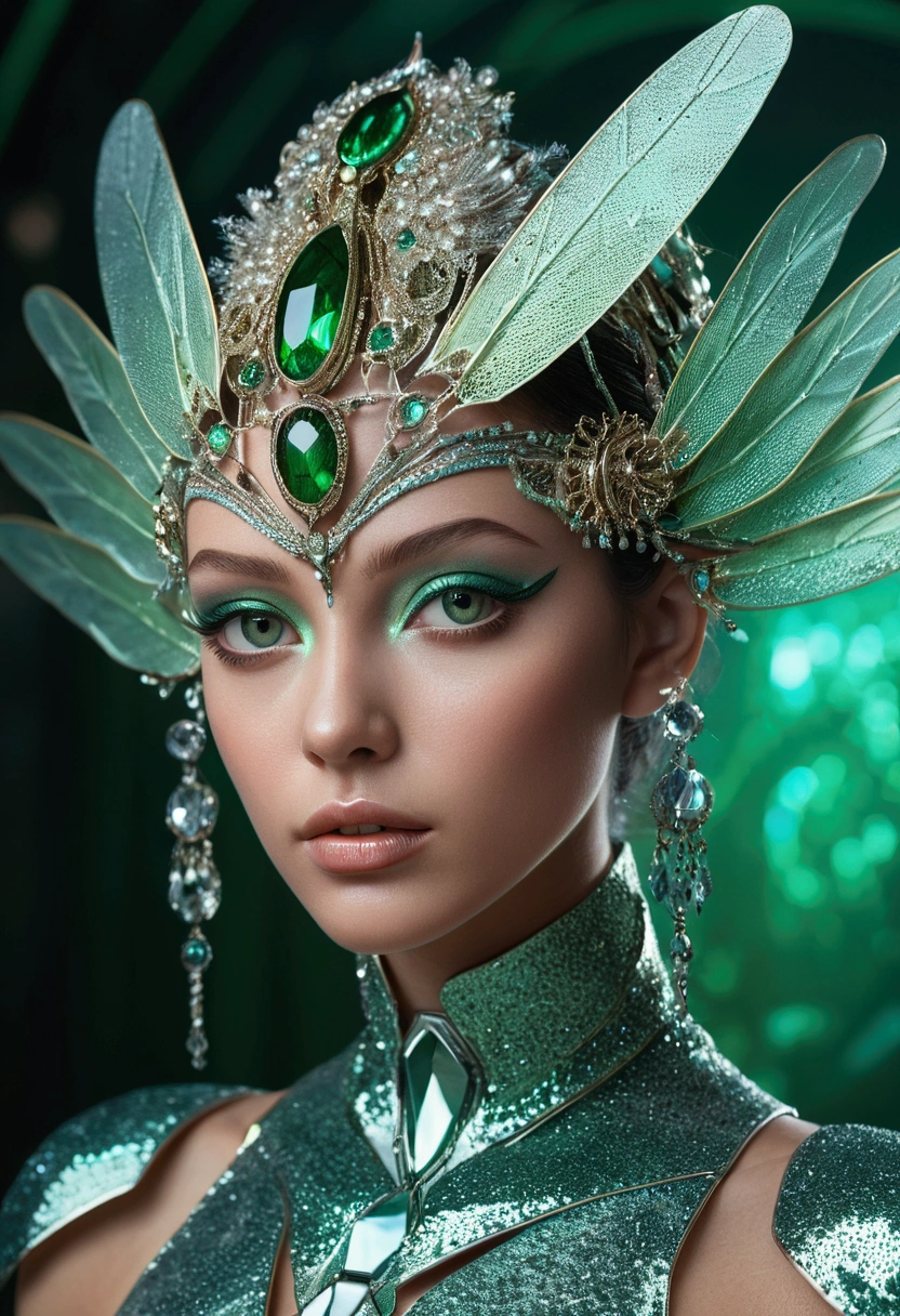 (best quality,4k,8k,highres,masterpiece:1.2),ultra-detailed,(photorealistic,photo-realistic:1.37),A beautiful female with compound eyes that look like the eyes of a praying mantis,futuristic,hi-tech,natural-looking skin,emerald-green compound eyes,exquisite,detailed face features,piercing eyes,long eyelashes and sharp angles,sculptural facial structure,innovative fashion style,metallic,shimmering make-up,glowing eyeliner,ornate futuristic jewelry,elaborate headpiece,feathers and metallic elements,ethereal background with floating holographic particles,controlled lighting with soft highlights,bluish-green color scheme,otherworldly atmosphere.