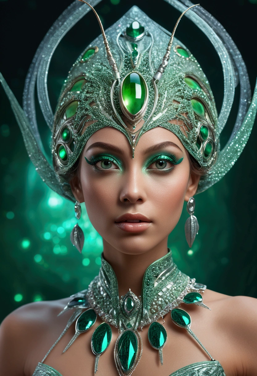 (best quality,4k,8k,highres,masterpiece:1.2),ultra-detailed,(photorealistic,photo-realistic:1.37),A beautiful female with compound eyes that look like the eyes of a praying mantis,futuristic,hi-tech,natural-looking skin,emerald-green compound eyes,exquisite,detailed face features,piercing eyes,long eyelashes and sharp angles,sculptural facial structure,innovative fashion style,metallic,shimmering make-up,glowing eyeliner,ornate futuristic jewelry,elaborate headpiece,feathers and metallic elements,ethereal background with floating holographic particles,controlled lighting with soft highlights,bluish-green color scheme,otherworldly atmosphere.