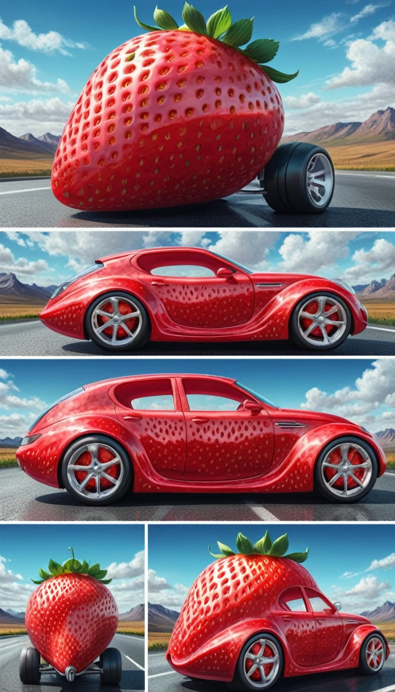 digital art, abstract surreal car, car in the shape of a strawberry, large strawberry with wheels, hyperrealistic, 8k, highly detailed, intricate design, 