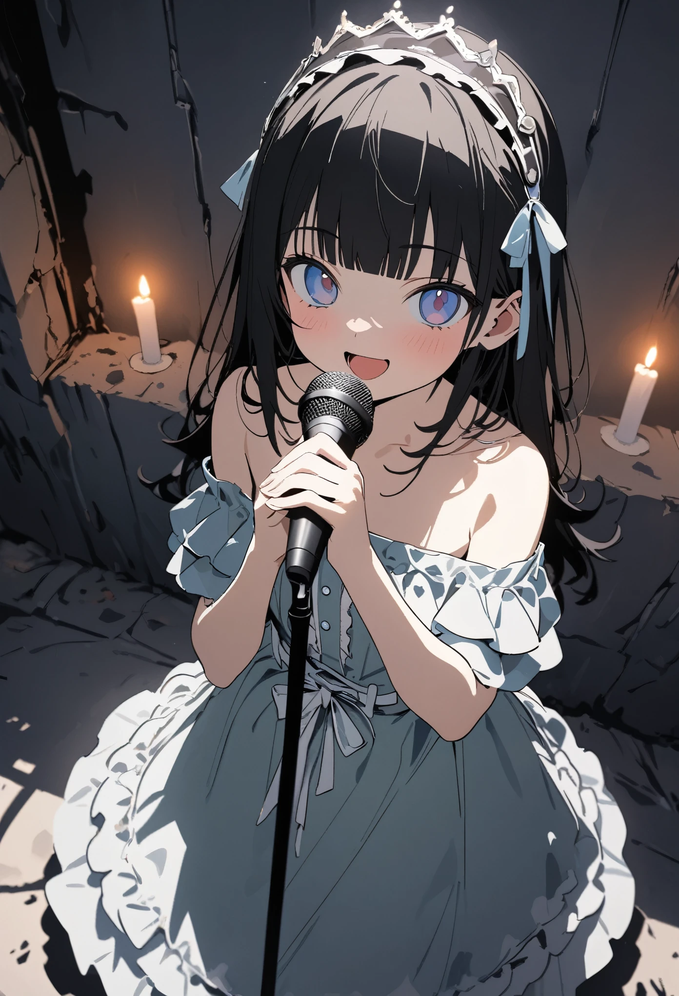 ((Masterpiece)), ((best quality)), (super detail:1.2), (High Definition:1.3), ((extremely detailed)), (8K), (Professional Photography:1.2), (very aesthetic:1.2), (absurdres:1.2), (flat color), (flat shading), (sharp focus), (perfect light), (drop shadow), (fisheye), ((12 years old)), cute , Plaid dress, (Off-Shoulder dress), hoop dress, wearing toy tiara, lolita fashion, (loose blunt bangs), (Thick microphone stand), singing, ((Vibrant Pose)), cute cheeks, ((Candlelight)), exposed bare shoulder and arms, lolita style, cute smile, open mouth, pretty, (Healthy slim body), emo style, red checker, (in the dim concrete basement), ribbon belt, (Melted walls),(detailed background:1.2), newest,