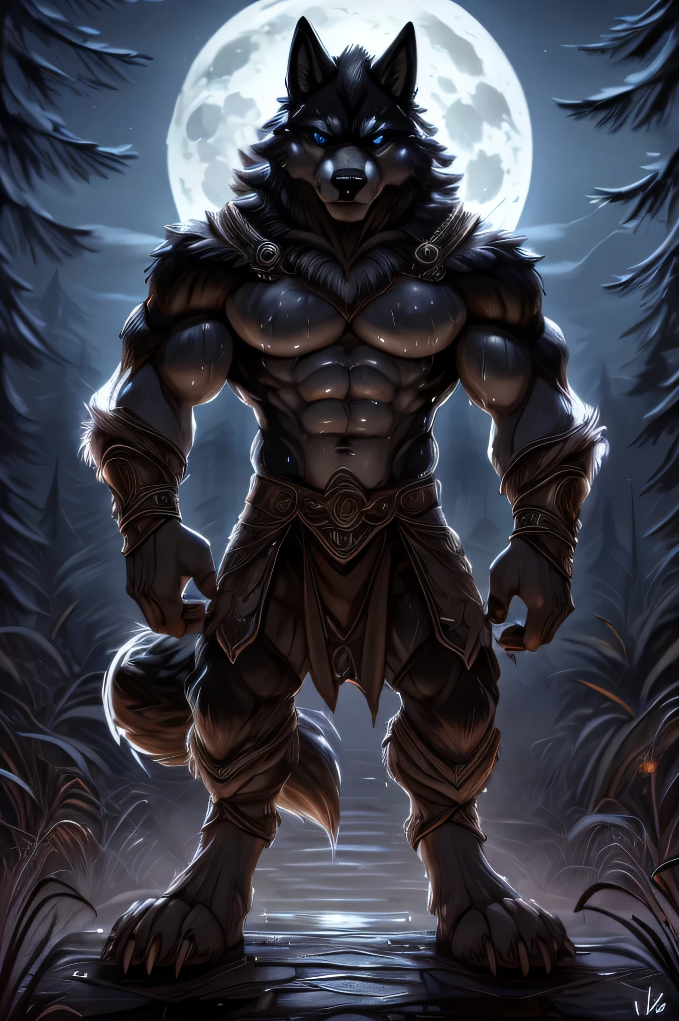 An alpha male black wolf,sexy anthropomorphic, high, slim and well defined body,sexy blue eyes, White fur, ((very ugly and very horrible brown loincloths)),(bottom:at night in the forest,bright moon,good lighting,single alpha male black wolf standing head on on the ground,serious face looking at viewer),(((bathed in sweat all over his well-defined body))),(((sweaty all over his fur and it looks wet))),(((no types of accessories or objects on your well-defined body))),(((Do not cover your pecs and six pack))).