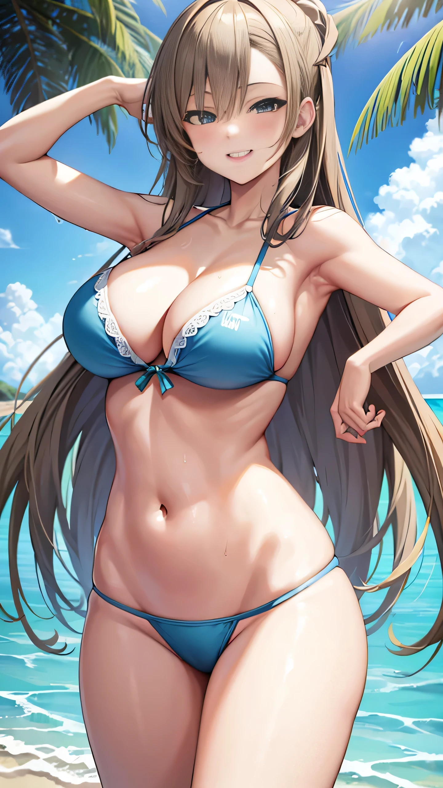 1girl, solo, ichinose asuna, long hair, large breasts, cleavage, thighs, (blue bikini), beach sea, (soaking wet:1.1), smiling, detailed hands