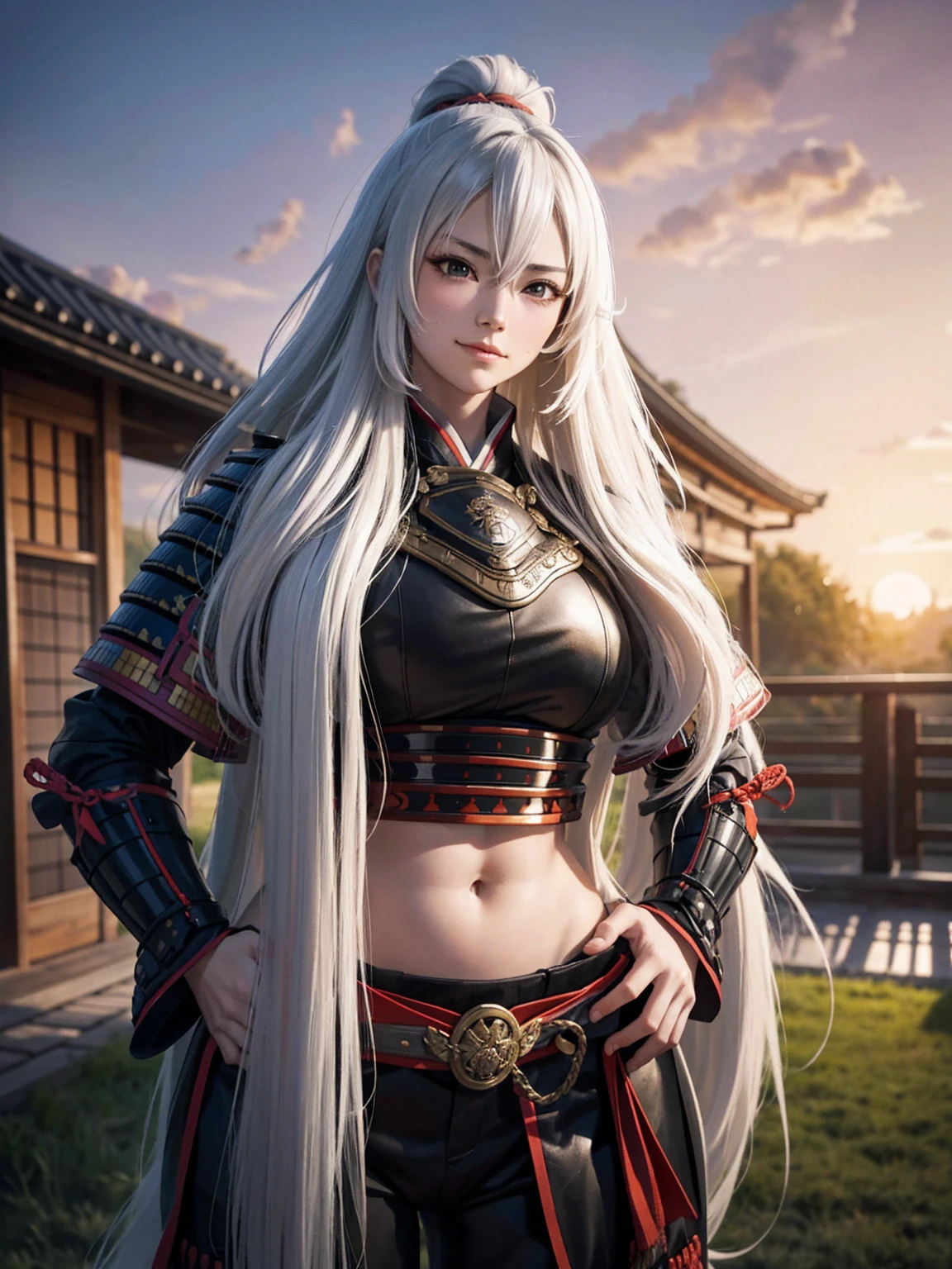 nobunaga, (samurai armor:1.2), fluttering hair, white hair, long wavy hair, long curl hair, huge tit, thick thighs, (abdominal muscle, standing, hands on hip, upper body from below:1.2), blush, gentle smile, moss of abandoned castle, sunset