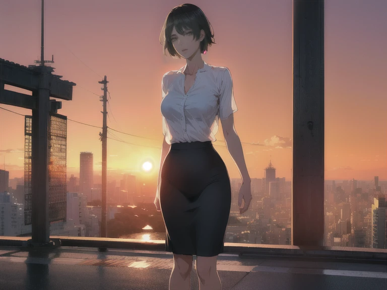 anime、(((Tokyo at sunset)))、One Woman、Short Hair、See-through blouse、Tight Skirt、Hair fluttering in the wind、Full body portrait、