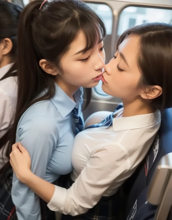 8k,masterpiece,Japanese,best quality, two (schoolgirls:1.4), reluctantly, on crowded train, (breasts:1.1) , (shirt:1.2)
