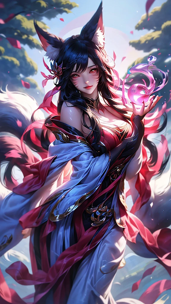 best quality,masterpiece,Ultra-high resolution,(truthfully:1.4),fair_Face,Twenty-year-old oriental nine-tailed demon fox girl,Bright Eyes,Big breasts,Long hair above waist,In a cave,Meditation,Extremely successful