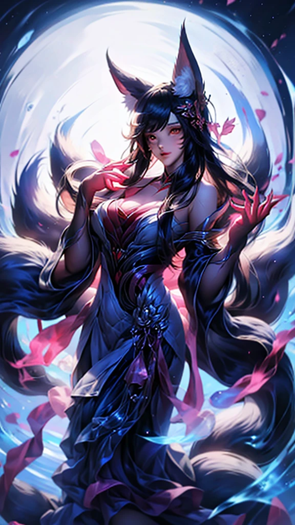 best quality,masterpiece,Ultra-high resolution,(truthfully:1.4),fair_Face,Twenty-year-old oriental nine-tailed demon fox girl,Bright Eyes,Big breasts,Long hair above waist,In a cave,Meditation,Extremely successful