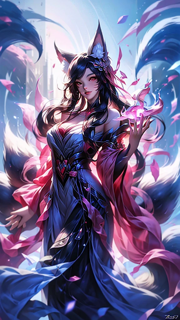 best quality,masterpiece,Ultra-high resolution,(truthfully:1.4),fair_Face,Twenty-year-old oriental nine-tailed demon fox girl,Bright Eyes,Big breasts,Long hair above waist,In a cave,Meditation,Extremely successful