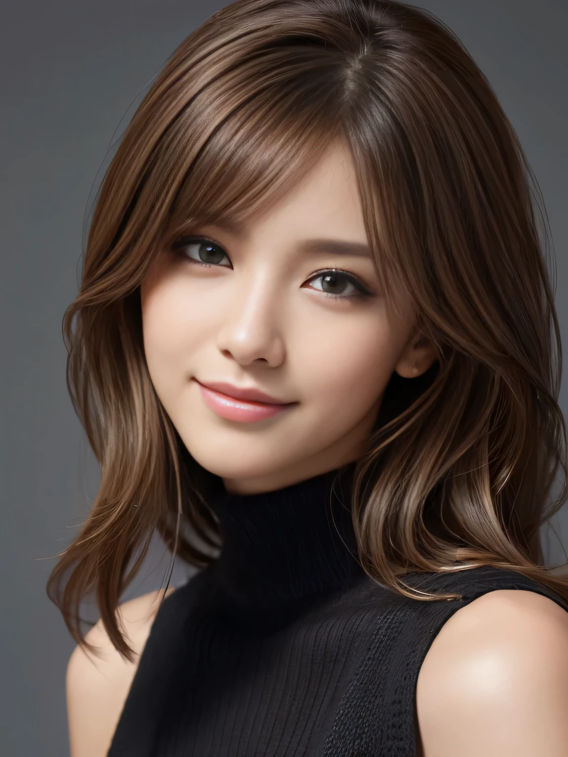 masterpiece, best quality, ultra-detailed, intricately detailed hyperdetailed, realistic, sharp features, highly detailed, sharp focus, Realistic, Photorealistic:1.3, (19 years old:1.3), perfect face, perfect symmetrically eyes, perfect full lips, hyper detailed, hyper realistic, high resolution, Fashion Model, Japanese Idol, Slender, brown hair, Stylish, model poses, Beautiful Face, light brown hair, messy hair, Beautiful hairstyle, (seductive smile:1.2), (looking at viewer), cinematic lighting, grey background, (Black knit:1.2), portrait