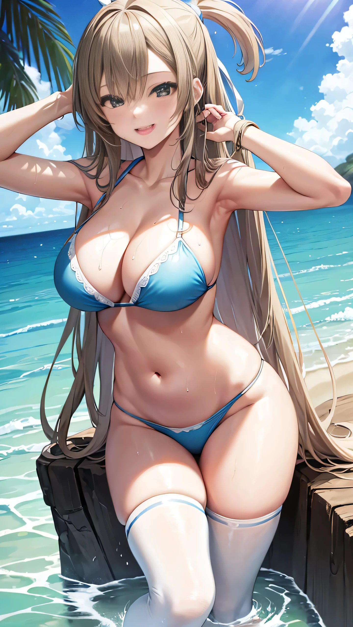 1girl, solo, ichinose asuna, long hair, (large breasts:1.3), cleavage, thighs, thighhighs, (blue bikini), beach sea, (soaking wet:1.1), smiling, detailed hands