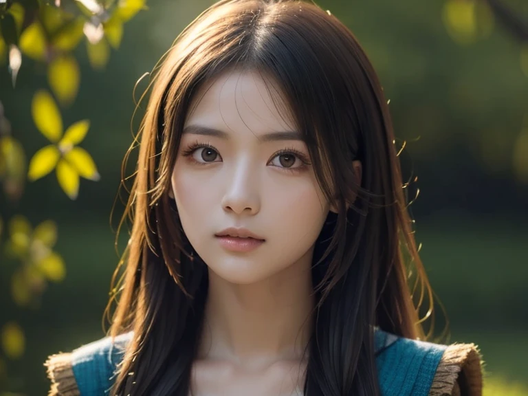 a woman with long hair, Fantasy scene of a woman in nature, anamorphic lens flare, close up, jagged edges, light beige and blue