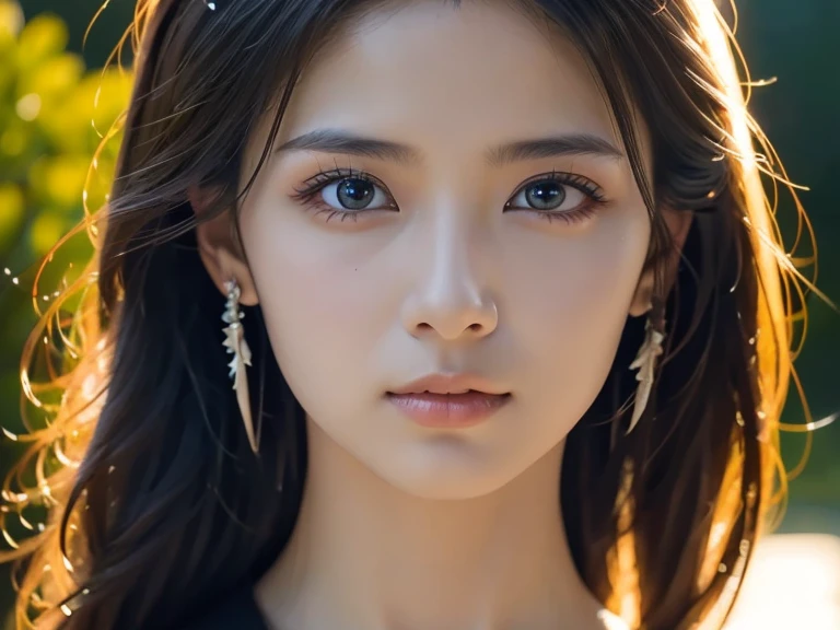 a woman with long hair, Fantasy scene of a woman in nature, anamorphic lens flare, close up, jagged edges, light beige and blue