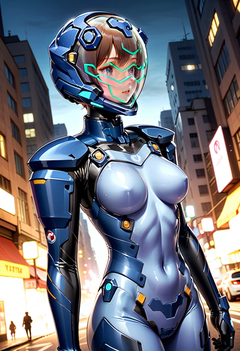 short hair, street, emo, BLACK hair, white eyes, eyeliner, apocalypse, (, girl, road, city, fortified suit, ((blue:1.5) plugsuit), short hair, outdoors, light, medium breasts, covered navel, space helmet, muvluv, space helm, eva helmet,[l (holding weapon m4:1.7),