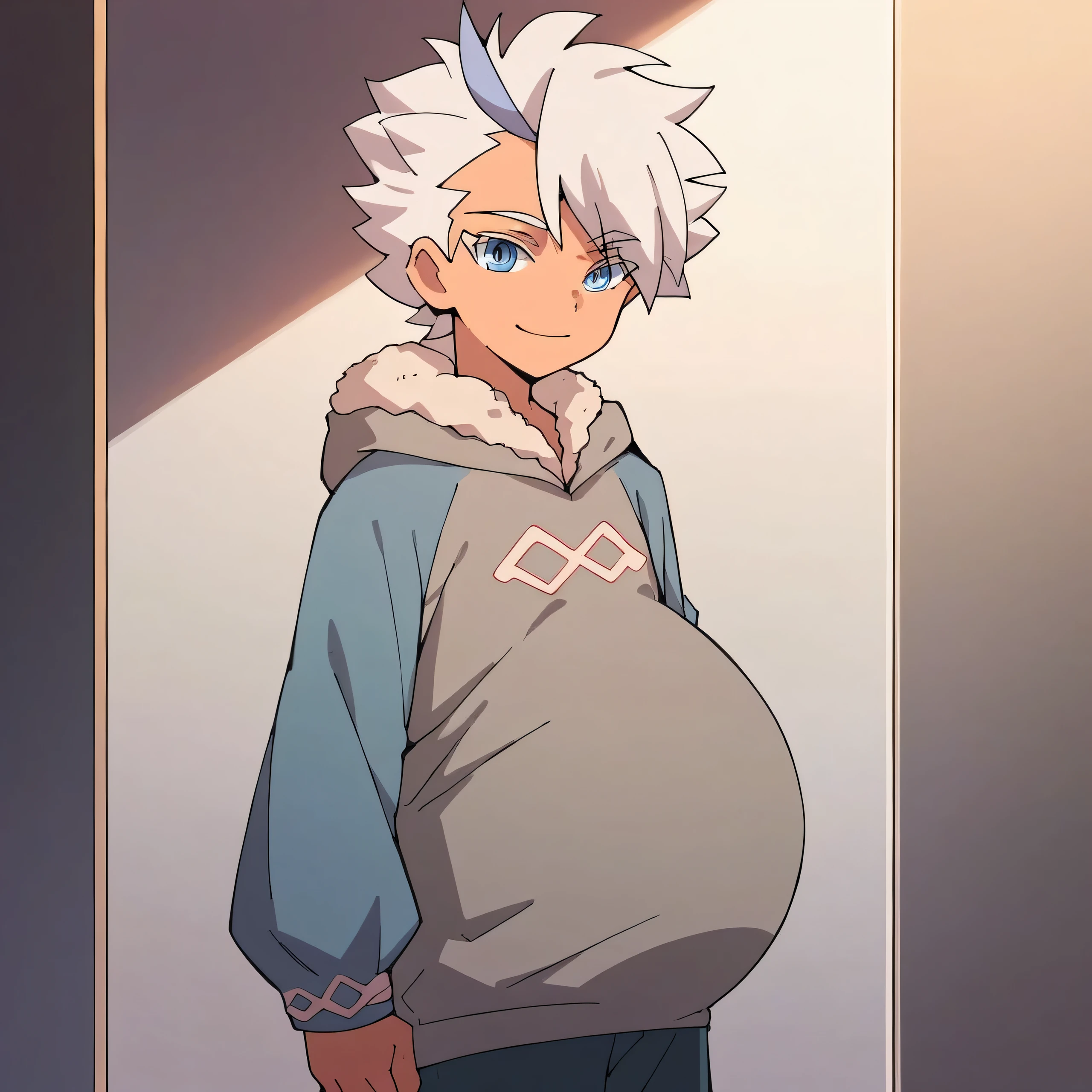 1boy,solo,froy,white hair,blue eyes,standing,pregnant,very pregnant,looking at viewer,smile,