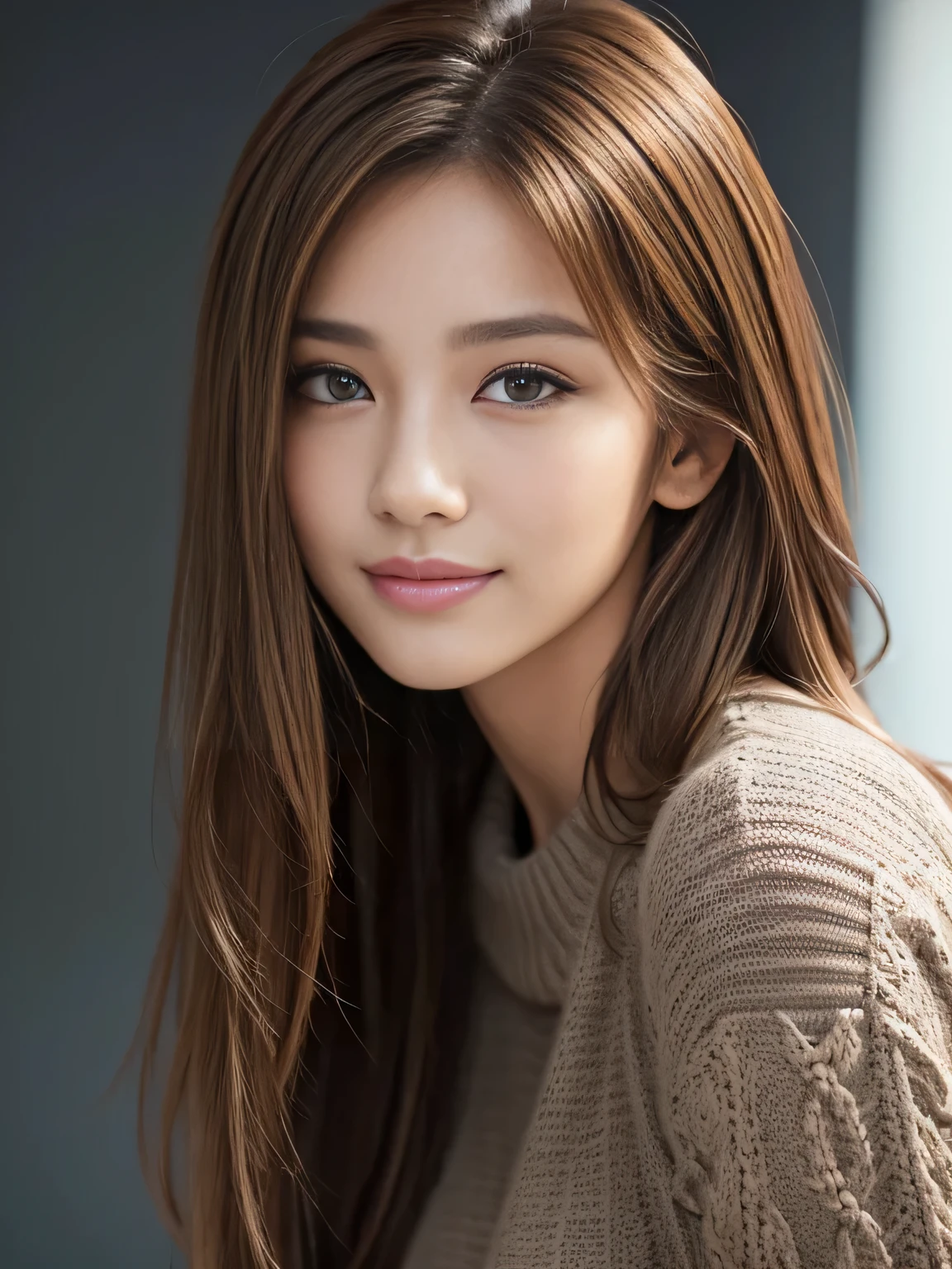 masterpiece, best quality, ultra-detailed, intricately detailed hyperdetailed, realistic, sharp features, highly detailed, sharp focus, Realistic, Photorealistic:1.3, (19 years old:1.3), perfect face, perfect symmetrically eyes, perfect full lips, hyper detailed, hyper realistic, high resolution, Fashion Model, Japanese Idol, Slender, brown hair, Stylish, model poses, Beautiful Face, light brown hair, messy hair, Beautiful hairstyle, (seductive smile:1.2), (looking at viewer), cinematic lighting, grey background, (Black knit:1.2), portrait