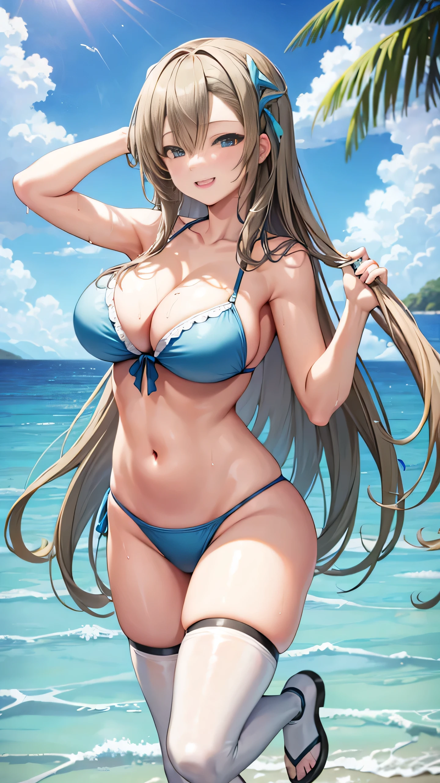 1girl, solo, ichinose asuna, long hair, (large breasts:1.3), cleavage, thighs, thighhighs, (blue bikini), beach sea, (soaking wet:1.1), smiling, detailed hands