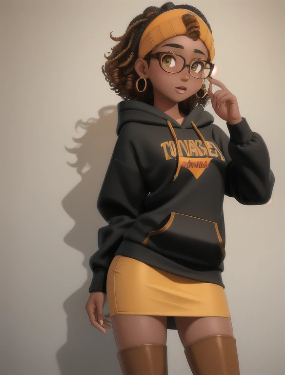 (masterpiece,best quality,absurdres,beautiful,aesthetic,detailed), (Detailed face:1.2), (Detailed eyes:1.2), 1girl, solo, 20 year old college student, ((slim, petite)) , she has tan-bronze skin with some freckles, short curly black hair with orange highlights, amber colored eyes, (Wearing: reading glasses, yellow hoodie, black pencil skirt, boots), college background