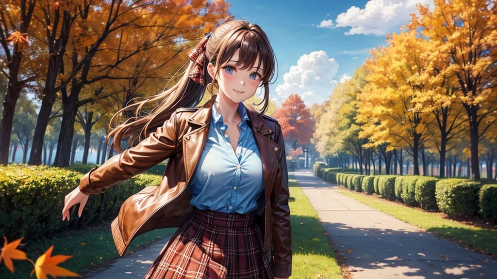 1girl, solo, trees, sun, clouds, autumn, colorful trees, falling leaves, ((brown hair)), ponytail, large breasts, ((brown leather jacket)), button down shirt, ((blue checked shirt)), ((unbuttoned shirt)), unbuttoning buttons, cleavage 1:3, blue eyes, long skirt, brown boots, smile, happy, looking at the viewer, walking, hair ribbon, golden necklate
