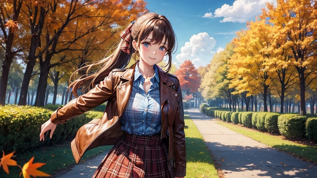 1girl, solo, trees, sun, clouds, autumn, colorful trees, falling leaves, ((brown hair)), ponytail, large breasts, ((brown leather jacket)), button down shirt, ((blue checked shirt)), ((unbuttoned shirt)), unbuttoning buttons, cleavage 1:3, blue eyes, long skirt, brown boots, smile, happy, looking at the viewer, walking, hair ribbon, golden necklate