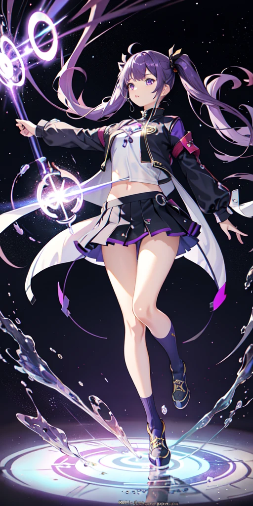 One girl, clothes, Twin tails ,Purple Hair, Purple eyes, magic circle, Blue Fire, Blue Flame, wallpaper, landscape, water, water splatter, Depth of written boundary, night, Particles of light, light, Side light, Thighs, destiny \(series\), Genshin Impact, ****, Open jacket, skirt, Knee socks, cloud