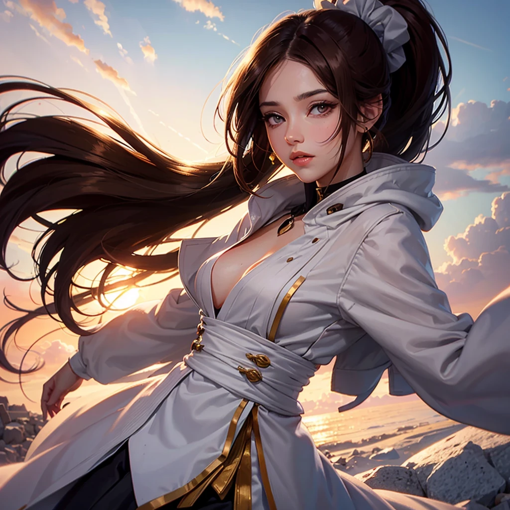 brown hair girl face. eye white. Sun at dawn reflecting on hair. Ponytail