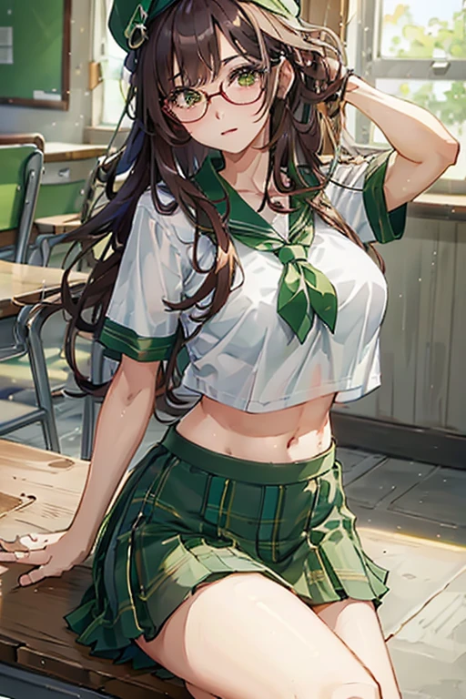 sexy school girl, brown hair, green eyes, round glasses, sexy expression, green beret, plaid green skirt, crop top overhang, class room, sit on a desk, crossed legs