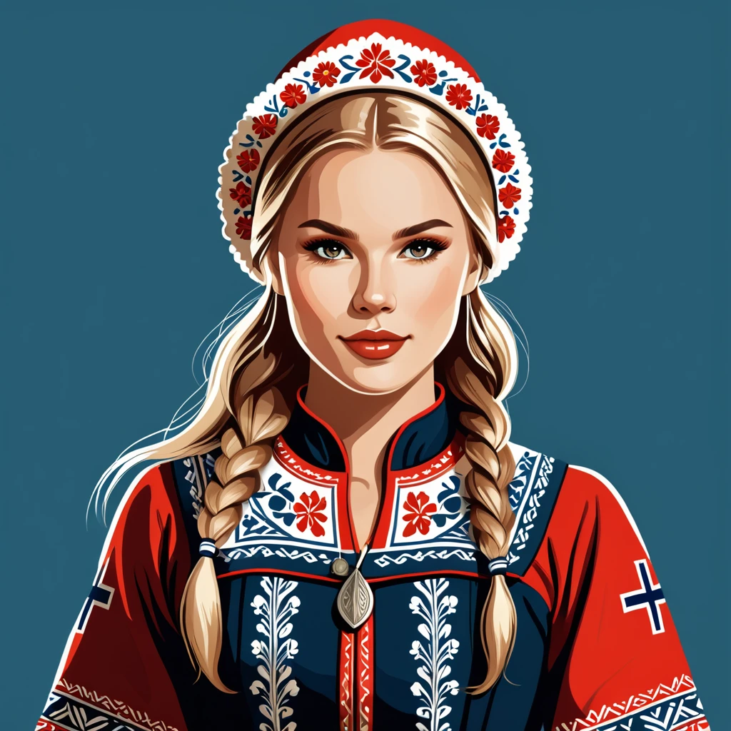 woman in norway folk outfit, vector graphics, strong contours, logo design
