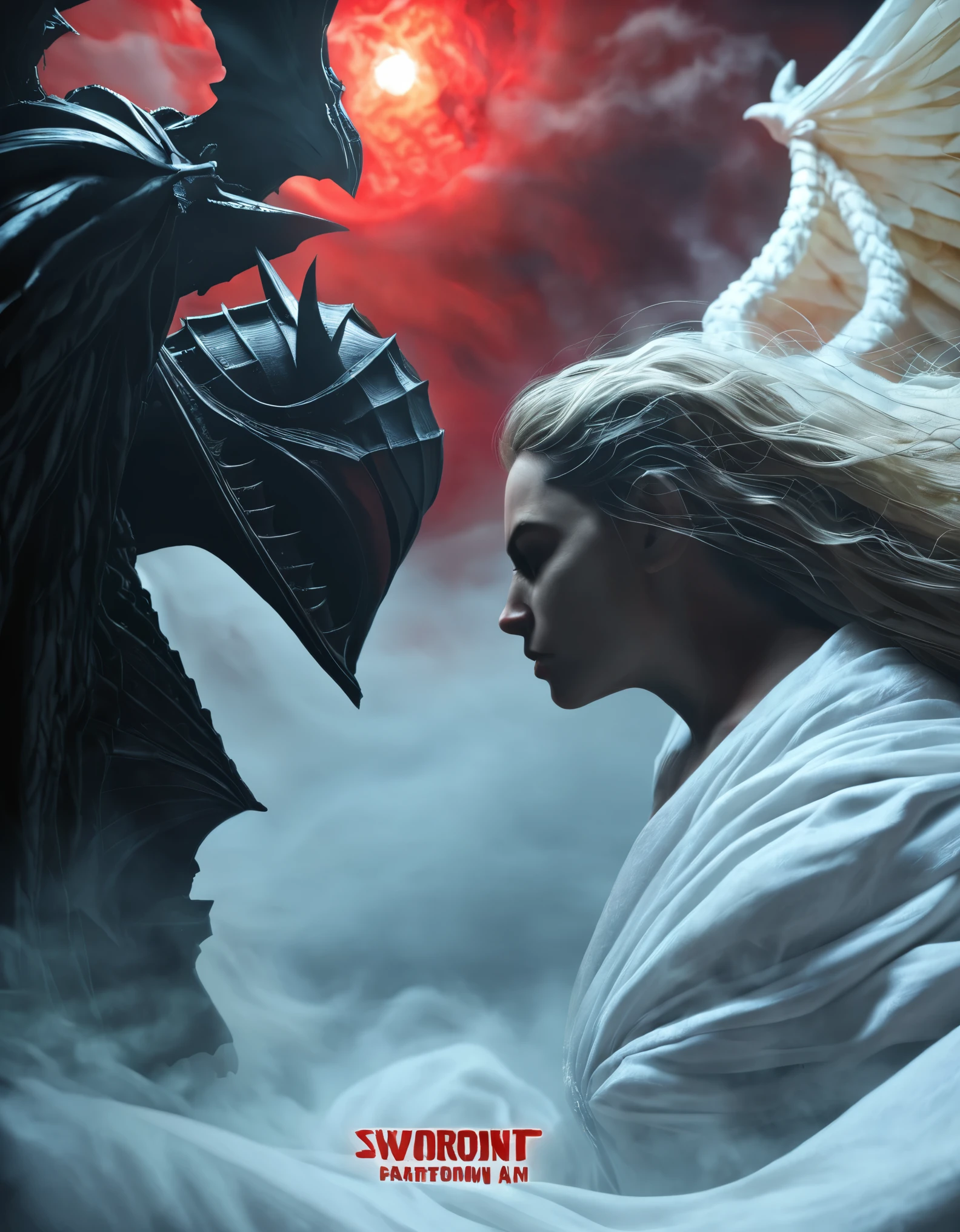 Fantasy-style illustration featuring a dramatic and intense scene. The layout is vertical, with a large, ethereal figure on the right side, draped in flowing white robes and possessing large, detailed wings. The figure has a serene, almost sorrowful expression, with pale skin and long, flowing hair. On the left side, Guts, the Black Swordsman, its massive blade glowing with a faint blue light. His face is partially obscured by his helmet, revealing a determined expression. The background is filled with swirling red mist and indistinct forms, adding to the chaotic and otherworldly atmosphere. The overall color palette is dominated by shades of red and white, creating a stark contrast between the two figures. At the bottom center, a circular logo bears the text 'Artvision1999' in a gothic font, subtly blending into the ominous environment.anatomically correct, super detail, high quality, 4K