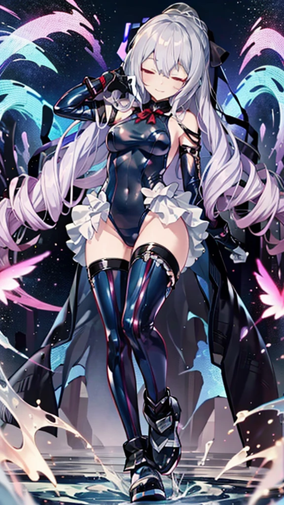 ((full bidy)),Blue leotard，Marie Rose，Bodysuits that stick to the body，Patent leather clothing，gloves，boots，corruption, Hollow Eyes, Half-closed eyes, Wicked Smile, No students, Crazy Smile, Open your mouth, One girl, (Dark Magical Girl), Dark Theme, Dark person