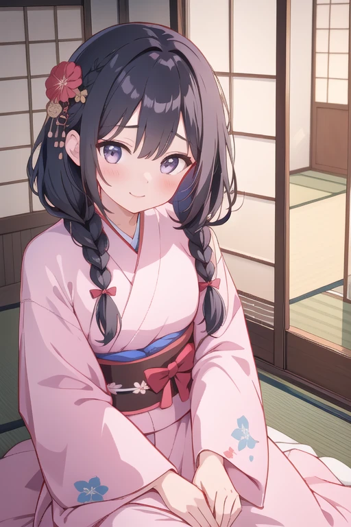 Girl with braided black hair、Detailed Description、Perfect ???????、Accurate hand drawing、Flower pattern kimono、blush、A shy smile、Japanese-style room、On the tatami、Open Shoji Screen、Moonlit night view
