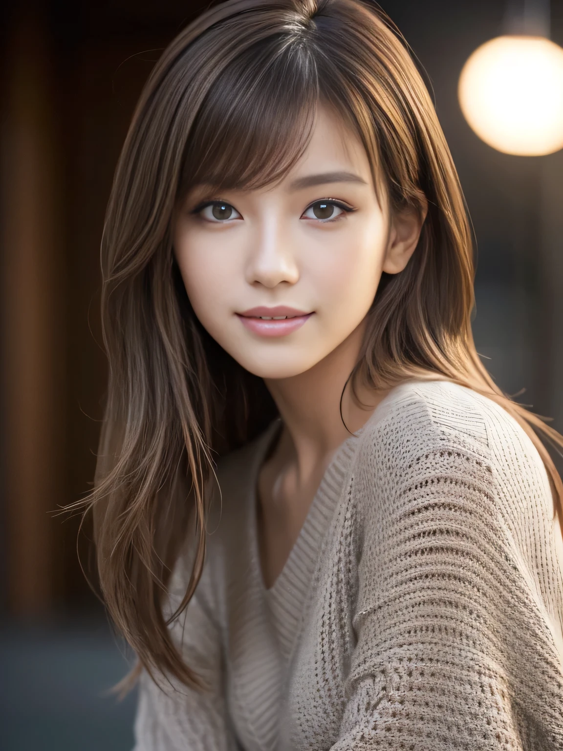 masterpiece, best quality, ultra-detailed, intricately detailed hyperdetailed, realistic, sharp features, highly detailed, sharp focus, Realistic, Photorealistic:1.3, (19 years old:1.3), perfect face, perfect symmetrically eyes, perfect full lips, hyper detailed, hyper realistic, high resolution, Fashion Model, Japanese Idol, Slender, brown hair, Stylish, model poses, Beautiful Face, light brown hair, messy hair, Beautiful hairstyle, (seductive smile:1.2), (looking at viewer), cinematic lighting, grey background, (Black knit:1.2), portrait