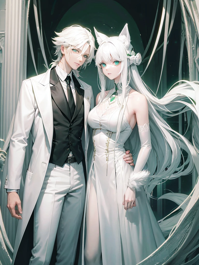 A psychologist in a white coat man with wolf ears ,handsome albino beautiful eyes ,tall 28 years old ,next to her twin sister with emerald green eyes