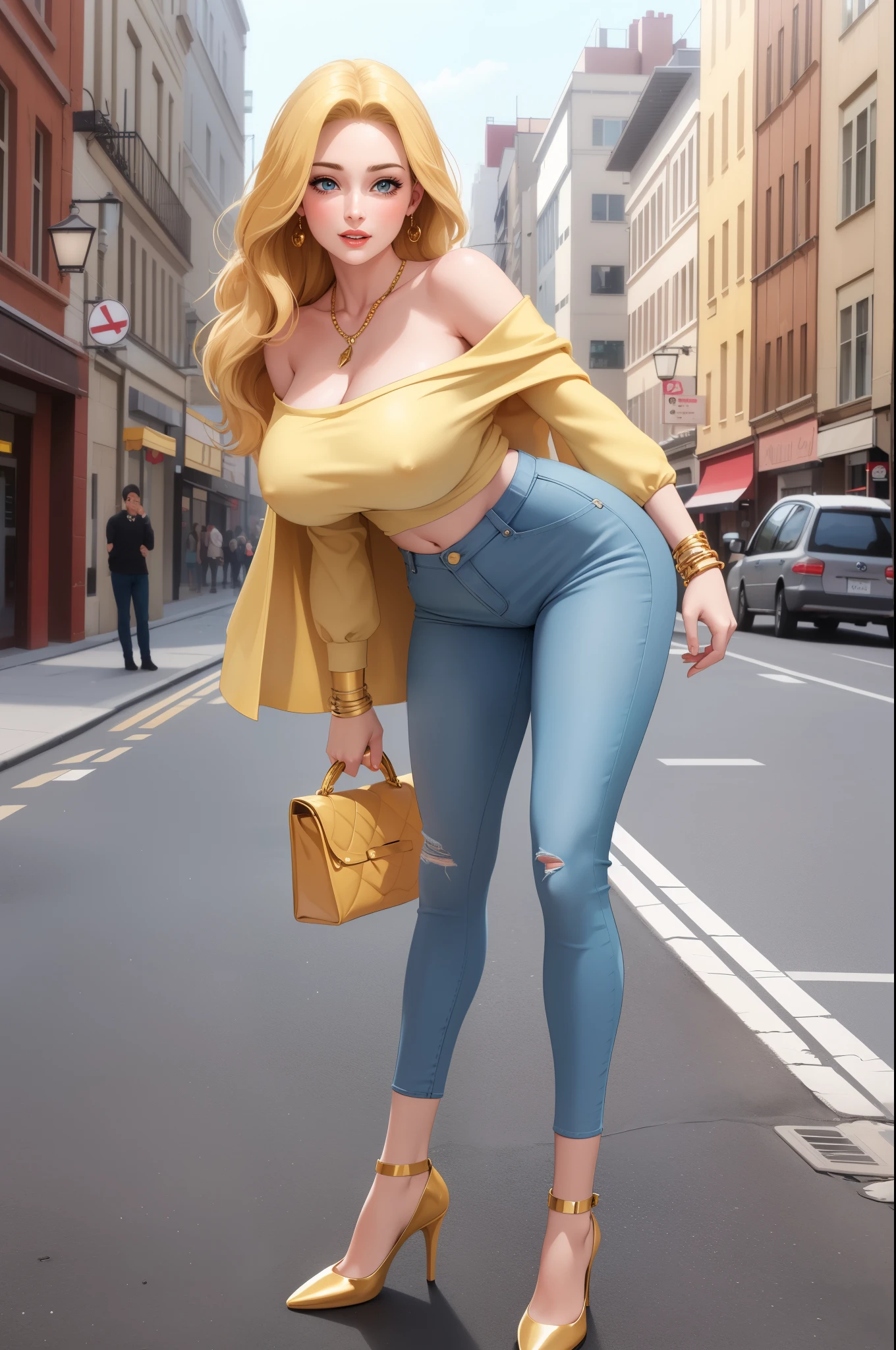An extremely beautiful stunning woman with a perfect busty body, gold blonde long silky hair, big blue eyes, extremely super bright snow white fair stunning flawless glowing lush shiny white skin, a perfect tight hourglass figure, and a skinny waist, sexy thick smooth luscious legs and thighs, extremely cute smile on the face, bright pink blushes on cheeks, wearing a short revealing white top with a white off-shoulder tan cardigan and long blue tight jeans, yellow heels, gold necklace on the neck, gold anklets on feet, gold chain on the waist, standing straight, holding a red rose, street in the background, show full body from head to feet.