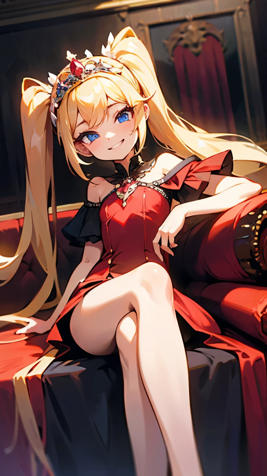 8yo, , solo, long haired, twintail hair, Blonde hair, blue eyes, flat chest, princess, tiara, red Gorgeous dress, thin legs, bare feet, sitting on sofa, (Point one foot at viewer), She makes me lick her foot, instep of foot, Grinning laugh, sadistic, Looking down on viewer, (flom below:1.3), Composition looking down, 