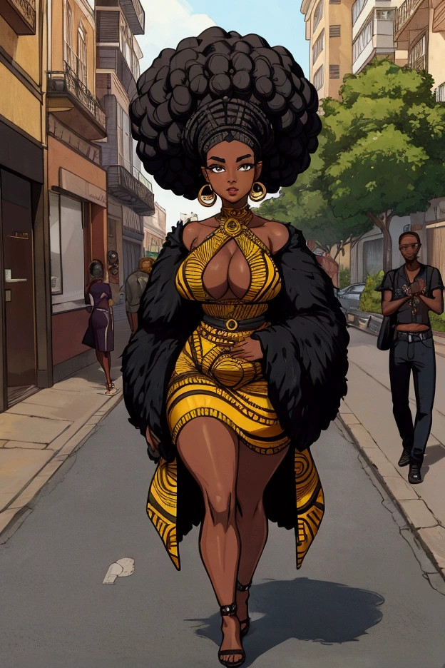 une femme noir africaine afro sexy aux cheveux longs debout dans une rue  avec des personne derriere qui la regarde mal