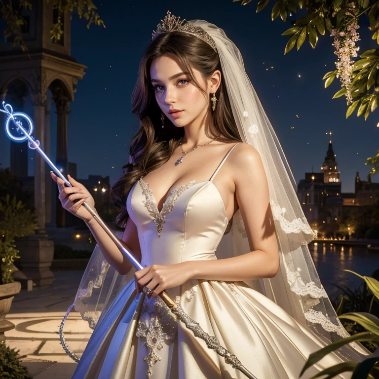 (​masterpiece, best quality:1.5), highest quality, High resolution, super detailed, Realists, Upper body photo of a brunette young magical girl, detailed and beautiful eyes, beautiful detailed lips, very detailed eyes and face, longeyelashes, white satin wedding dress, Holding a magic wand in your hand, Cast a transformation spell, With her magic wand she transforms a snake into wedding rings, Glowing wands available,Beautiful and colorful makeup, elegant and noble々The jewelry bag, Gardens as background, soft daylight, bright colors, fine brushstrokes, Portrait style, Silk dress fabric, beautiful color palette, glowing skin, First-class rendering, that captures every detail, enchanting atmosphere, subtle shadows and lights, (perfect anatomy:1.2), (The stunning magical girl in a wedding dress turns a snake into wedding rings. (a transformation with the magic wand:1.4), (magnificent panorama view:1.2)