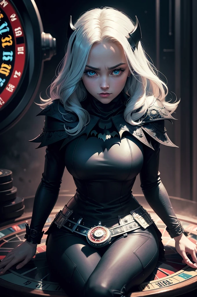 Create an animated, non-realistic image of Batman from the shoulders up. The background should be dark and moody, but include subtle elements that reference a roulette wheel, such as faint outlines or patterns. Batman’s cowl should have an intricate design with hints of roulette symbols or numbers, blending seamlessly into the dark background. His eyes should be glowing with a bright, intense color like white or blue, providing a striking contrast against the darkness. Maintain the overall dark and mysterious aesthetic while incorporating these glowing, vibrant details