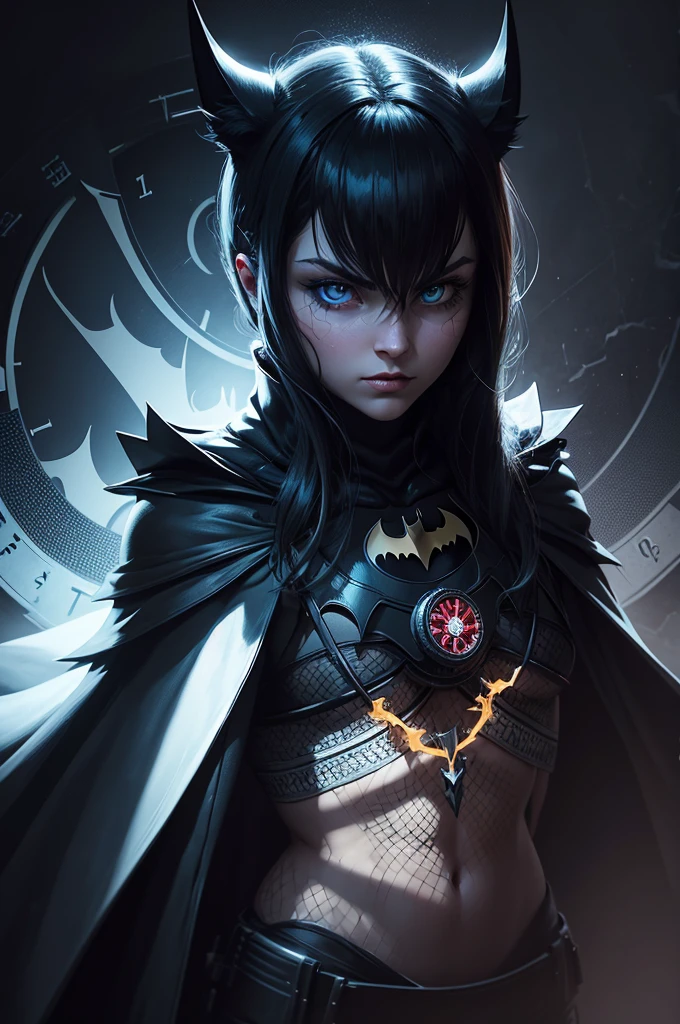 Create an animated, non-realistic image of Batman from the shoulders up. The background should be dark and moody, but include subtle elements that reference a roulette wheel, such as faint outlines or patterns. Batman’s cowl should have an intricate design with hints of roulette symbols or numbers, blending seamlessly into the dark background. His eyes should be glowing with a bright, intense color like white or blue, providing a striking contrast against the darkness. Maintain the overall dark and mysterious aesthetic while incorporating these glowing, vibrant details
