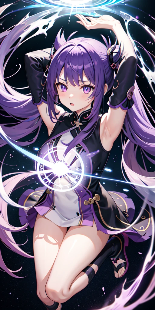 One girl, clothes, Twin tails ,Long Hair、Purple Hair, Purple eyes, magic circle, Blue Fire, Blue Flame, wallpaper, landscape, water, water splatter, Depth of written boundary, night, Particles of light, light, Side light, Thighs, destiny \(series\), Genshin Impact, ****, Witch&#39;s Clothes、skirt, Knee socks, cloud
