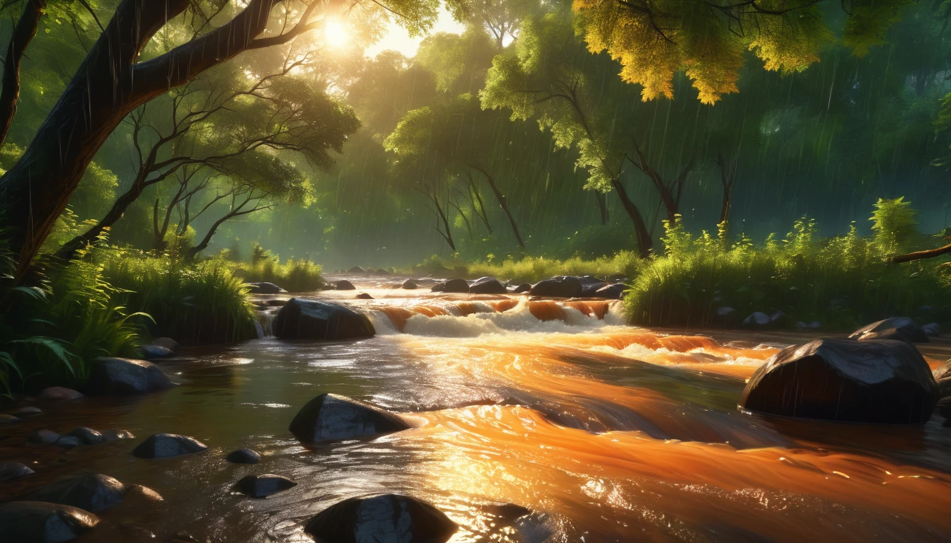 Wide shot and low angle photos of flowing river, rain, In the forest in digital art style, The scene is filled with a peaceful atmosphere that helps sleep, Natural scenes like in a dream world, orange light shimmers with other colors, the atmosphere makes people feel calm and peaceful, Very detailed, .8k,Excellent