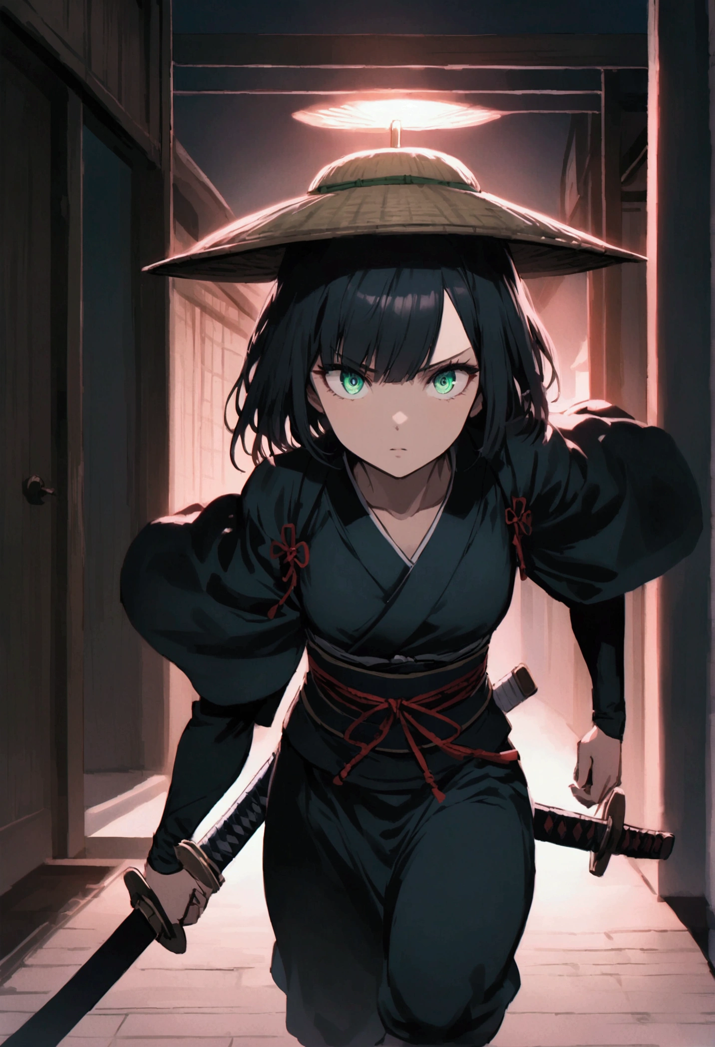 Samurai, running towards viewer, sharp eyes, black hair, grün eyes, she is wearing a bamboo hat, sword is inside the swordscabbard