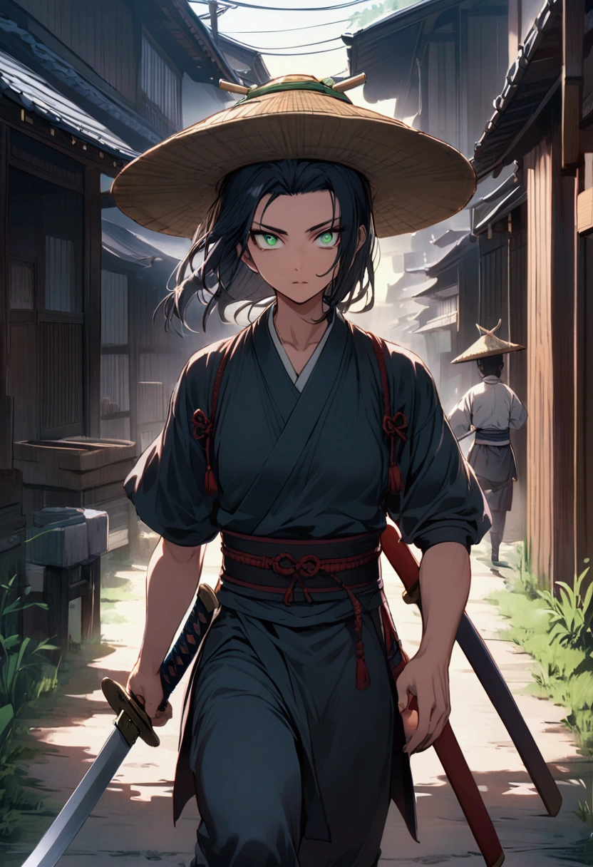 Samurai, running towards viewer, sharp eyes, black hair, grün eyes, she is wearing a bamboo hat, sword is inside the swordscabbard