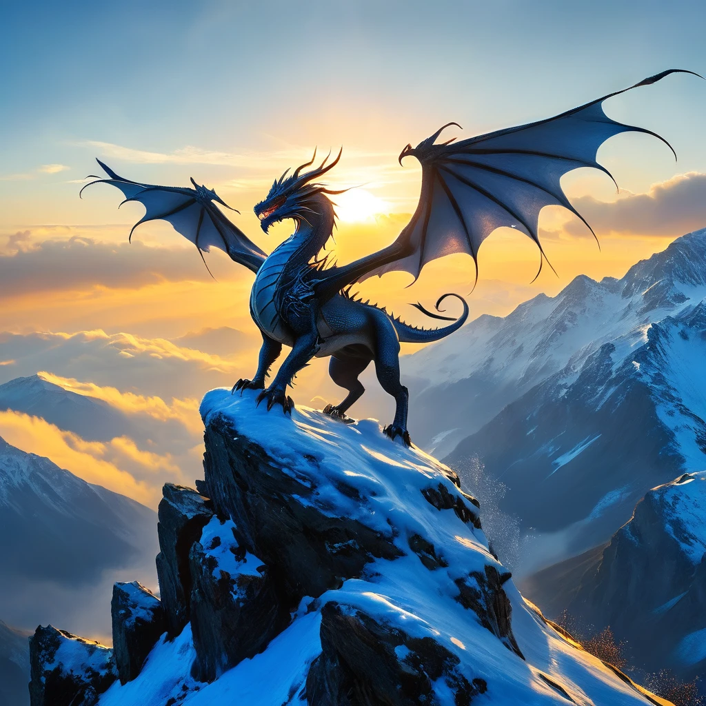 extreme long shot, heroic view, BREAK, A silver dragon with (2 wings) on a cloud shrouded mountain top, ((((falling snow )))), BREAK,  BREAK, mystical creature, realistic, ultra detailed, majestic, masterpiece, dynamic pose, sun rise lighting, snowy mountain top background 