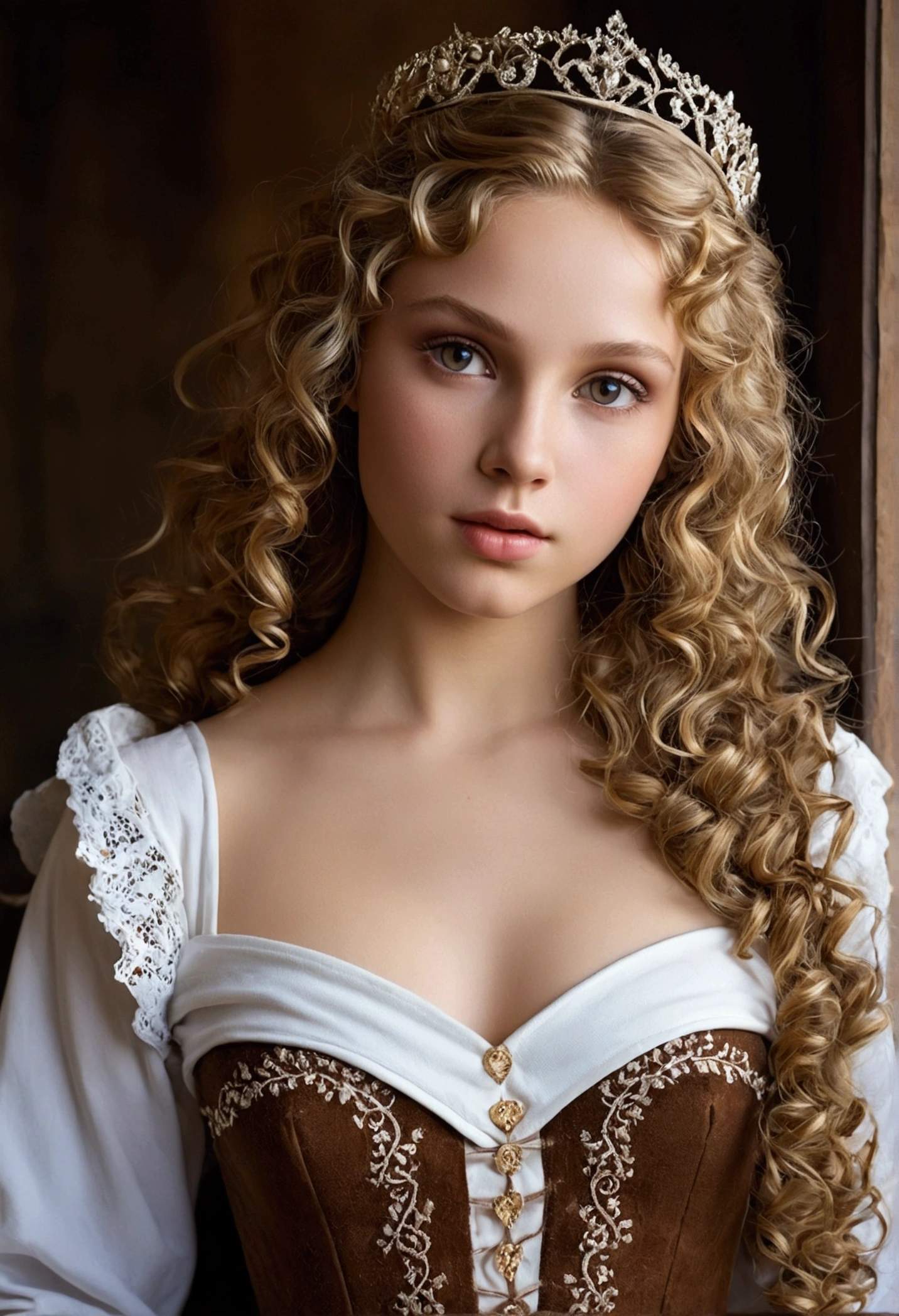  woman, Beautiful, Hyperrealistic, with coppery brown hair, blonde highlights, long, curly curls. With white Nordic European skin, she has a heart-shaped face with high cheekbones and a delicate jaw. Her eyes are honey-colored and her lips are full and slightly parted. medieval maiden, semi naked, sexy long stockings, sexy body, big tits, perfectly detailed, perfect and toned vagina. Her makeup is natural and understated, with a hint of blush on her cheeks and light brown eyeshadow on her lids. He is 19 years old, he is Bolucuno and he has a sweet and innocent expression. In a palace room.

