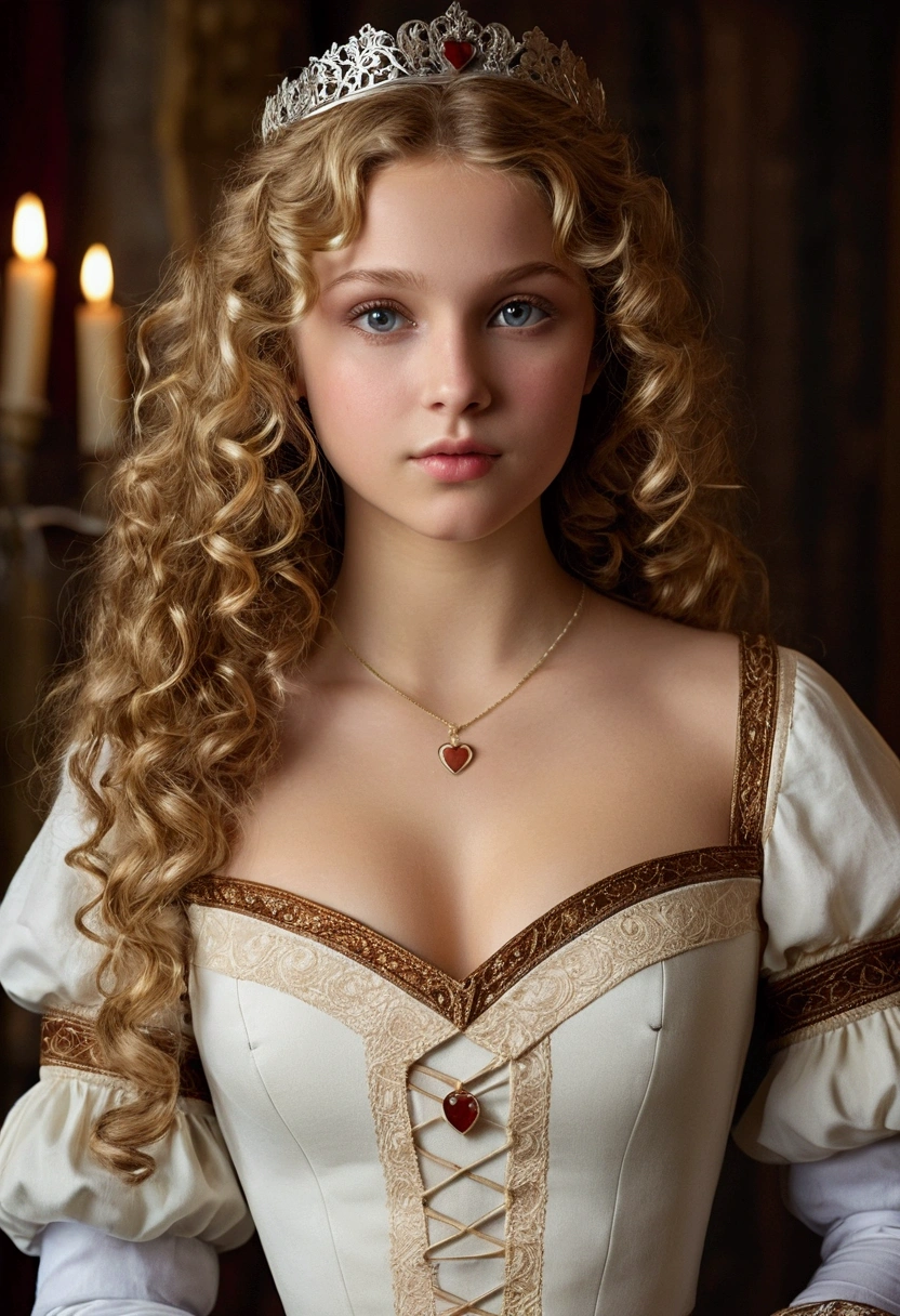 Little woman, Beautiful, Hyperrealistic, with coppery brown hair, blonde highlights, long, curly curls. With white Nordic European skin, she has a heart-shaped face with high cheekbones and a delicate jaw. Her eyes are honey-colored and her lips are full and slightly parted. medieval maiden, semi naked, sexy long stockings, sexy body, big tits, perfectly detailed, perfect and toned vagina. Her makeup is natural and understated, with a hint of blush on her cheeks and light brown eyeshadow on her lids. He is 19 years old, he is Bolucuno and he has a sweet and innocent expression. In a palace room.