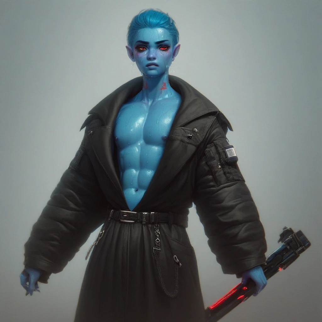 Oc,na’vi, a alien blue skin skinny buff femboy man wearing black trench-coat with prominents a red mark on the face,thick, in an 90’s style. He’s gay , including one weapon and a sensual , cool expression. Sweating.The scene has a cool,sweet,stargate style and a vibrant tone.