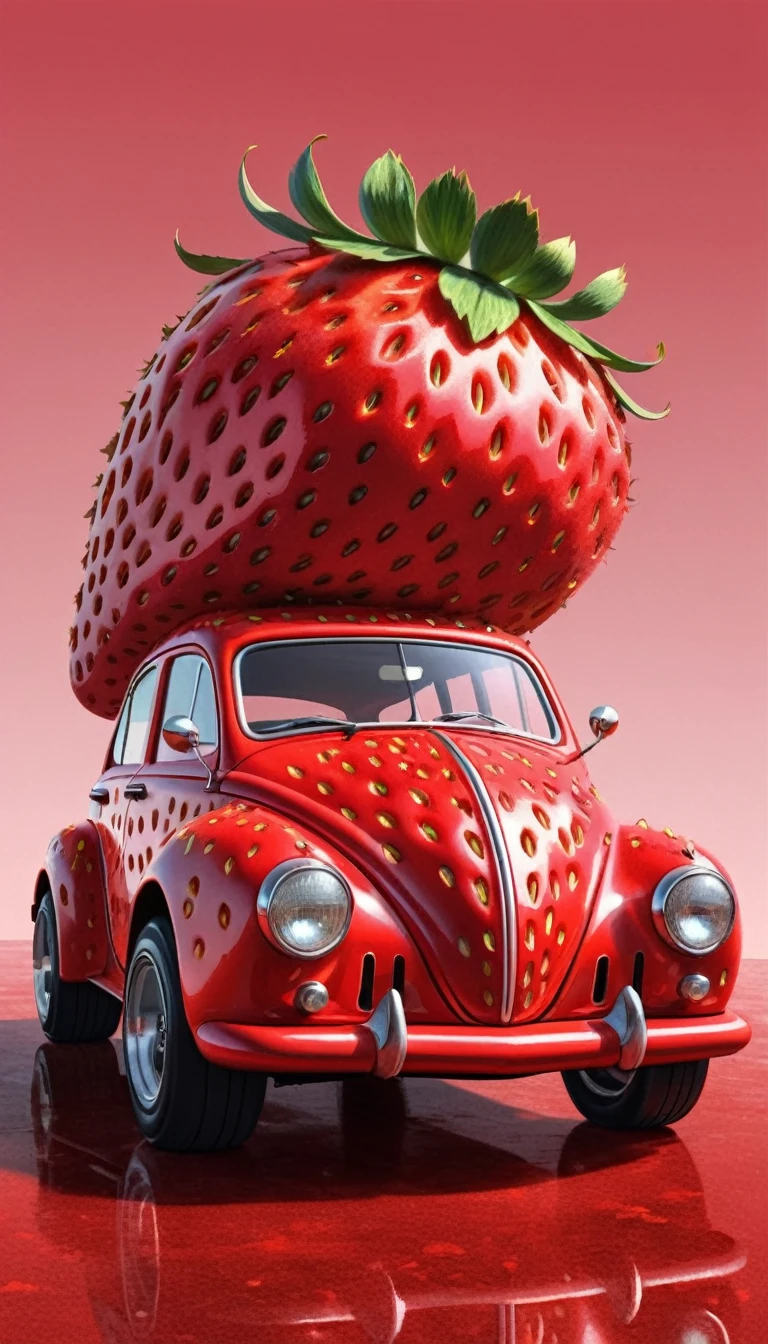 digital art, abstract surreal car, car in the shape of a strawberry, large strawberry with wheels, hyperrealistic, 8k, highly detailed, intricate design, 